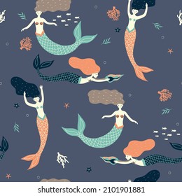Seamless pattern with mermaids, fish, algae. Vector graphics.