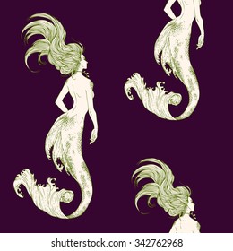 Seamless pattern with mermaids. Hand drawn Vector illustration.