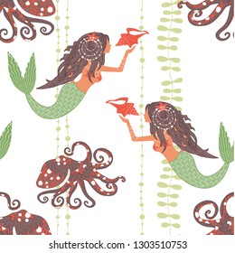 seamless pattern with mermaids holding conch shell, octopuses and sea weed on white background