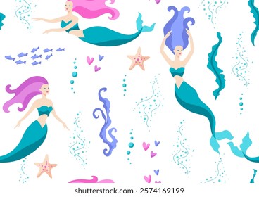 Seamless pattern with mermaids. Image of underwater wonders or fabulous creations.