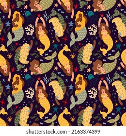 Seamless pattern with mermaids and marine life.Mermaids seamless background. Vector illustration