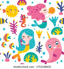 Seamless pattern with mermaids and ocean creatures for girl. Vector isolated illustrations on a white background.
