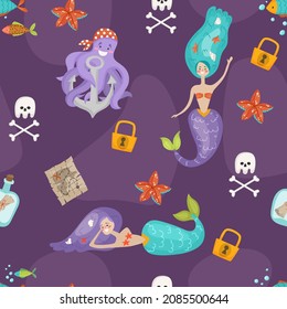 Seamless Pattern With Mermaids, Octopus, Jolly Roger And A Note In A Bottle.