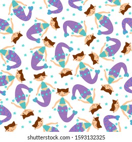 Seamless pattern with mermaids on a white background in cartoon style.