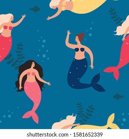 Seamless pattern with mermaids. Repeat print with beautiful woman