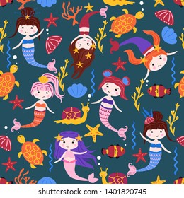 seamless pattern with mermaids and sea animals - vector illustration, eps