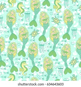 Seamless pattern with mermaids, seahorse, turtle, jellyfish and fish.