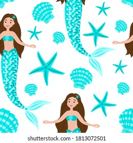Seamless pattern of mermaids seashells and starfish vector illustration
