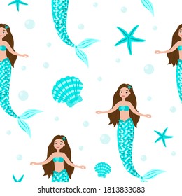 Seamless pattern of mermaids seashells and starfish vector illustration