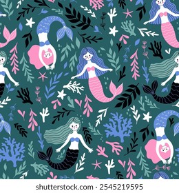 Seamless pattern with mermaids and seaweed. Vector graphics.