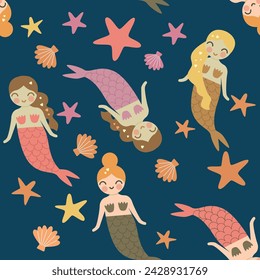 Seamless pattern with mermaids, shells and stars. Vectori illustration.