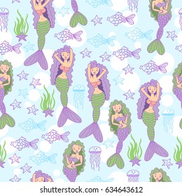 Seamless pattern with mermaids, starfish and fish. Sea life background. 
