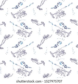 Seamless pattern. Mermaids swim between fishs on white background