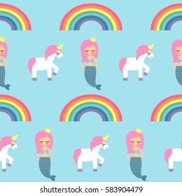 Seamless pattern with mermaids, unicorns and rainbows on blue background. Design for kids holidays, textiles, fabric. Cute baby shower vector background. Child drawing style illustration.