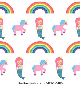 Seamless pattern with mermaids, unicorns and rainbows for kids holidays, textiles, interior design, fabric. Cute baby shower vector background. Child drawing style illustration.