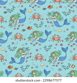 Seamless pattern with mermaids. Vector illustration for textile print, background, wallpaper, decorative paper and other design.
