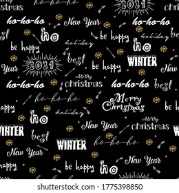 Seamless pattern with merry christmas background calligraphic text, holiday wishes. Vector new year pattern for design greeting cards, banners, invitations, posters.