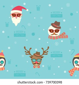 Seamless pattern of Merry christmas background design with santa claus, snowman, reindeer and penguin put on accessories of hipster style.
