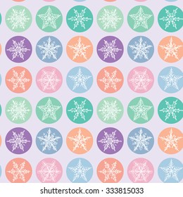 Seamless pattern Merry Christmas Card, Snowflake winter set orange pink purple blue collection on polka dot lilac background. Vector
