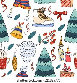 Seamless pattern Merry Christmas card with winter forest tree cute decorative elements.Vector hand drawn vintage background set.