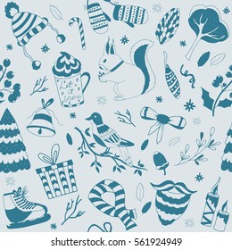 Seamless pattern Merry Christmas card with winter forest tree cute decorative elements.Vector of hand drawn vintage background set.
