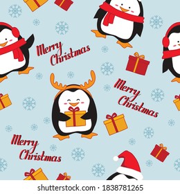 Patrón sin foco. Feliz patrón navideño con lindos pingüinos en un fondo nevado. Ilustración vectorial de diseño plano.