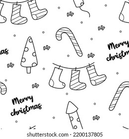 Seamless pattern merry christmas. Doodle style, black and white pattern on isolated background, packaging texture.