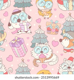 seamless pattern merry christmas elements on color background. Vector illustration.