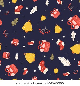 seamless pattern merry christmas elements on color background. Vector illustration. This image was created using Illustrator program. Not generative AI.