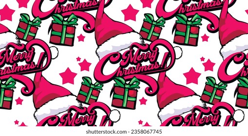 Seamless pattern. Merry Christmas, Christmas elf hat and holiday gifts. Suitable for fabric, mural, wrapping paper and the like.