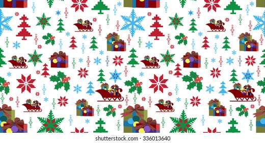 Seamless pattern, Merry Christmas, a Christmas gift items, Christmas trees, Christmas ornaments, sleigh. Print on paper, textiles and ceramics. Vector illustration.