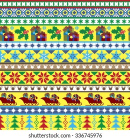 Seamless pattern, Merry Christmas, a Christmas gift items, Christmas trees, Christmas ornaments, sleigh. Print on paper, textiles and ceramics. Vector illustration.