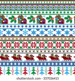 Seamless pattern, Merry Christmas, a Christmas gift items, Christmas trees, Christmas ornaments, sleigh. Print on paper, textiles and ceramics. Vector illustration.