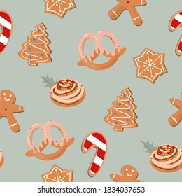 Seamless pattern with Merry Christmas gingerbread cookies and candy. Editable vector illustration.