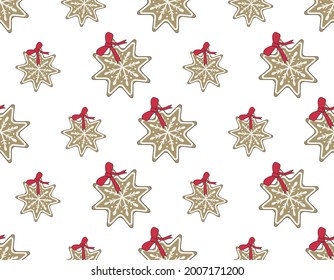 Seamless pattern Merry Christmas gingerbread cookies with white icing in the form of snowflakes with a red bow. Bright festive background. Christmas sweets print