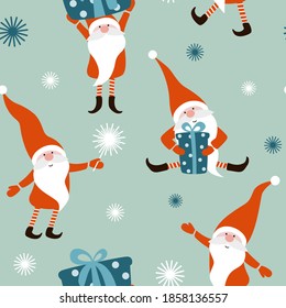 Seamless pattern with merry Christmas gnomes and snowflakes. Christmas and New Year design.