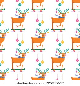 Seamless pattern for Merry Christmas greeting card with cute animals: reindeer with scarf, skateboard and ball . Illustration for presents, invitation, children interior design, scrapbooking.