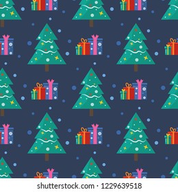 Seamless pattern for Merry Christmas greeting card with tree snow and gifts. Illustration for presents, invitation, children interior design, scrapbooking.