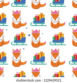 Seamless pattern for Merry Christmas greeting card with cute fox, garland, sleigh with gift. Illustration for presents, invitation, children interior design, scrapbooking.