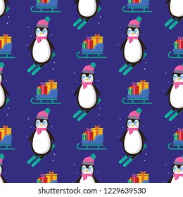 Seamless pattern for Merry Christmas greeting card with cute penguin on skis,  sleigh with gifts. Illustration for presents, invitation, children interior design, scrapbooking.