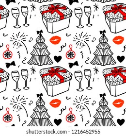 Seamless pattern. Merry Christmas and Happy new year fashion sketch celebration gift box, tree and fireworks. Hand drawn Vector illustration isolated on white background. Romantic dinner
