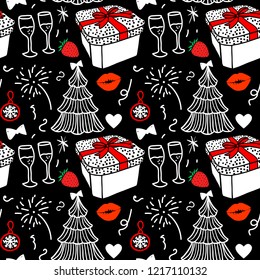 Seamless pattern. Merry Christmas and Happy new year fashion sketch celebration gift box, tree and fireworks. Hand drawn Vector illustration isolated on black background. Romantic dinner