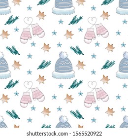 Seamless pattern with Merry Christmas and Happy New Year on a white background. Children's illustration in a funny cartoon style. Creative children's background for wallpaper, clothes, packaging.