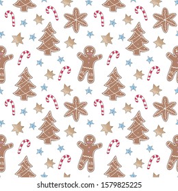 Seamless pattern with Merry Christmas and Happy New Year on a white background. Children's illustration in a funny cartoon style. Creative children's background for wallpaper, clothes, packaging.