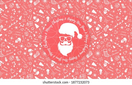 Seamless pattern Merry Christmas and Happy New Year. White outline on a red background with the image of Santa Claus. Can be used for wallpaper, patterns, surface textures, fabric prints.