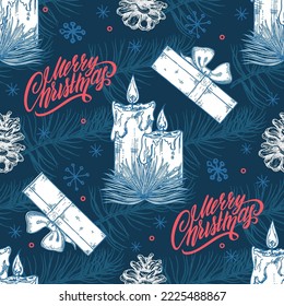 Seamless pattern for Merry Christmas and Happy New Year. Pine cone, Candle, Christmas gift. Isolated on dark background. Vector vintage color engraving illustration.