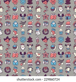 seamless pattern with merry christmas and happy new year sketch drawing icons, vector illustration