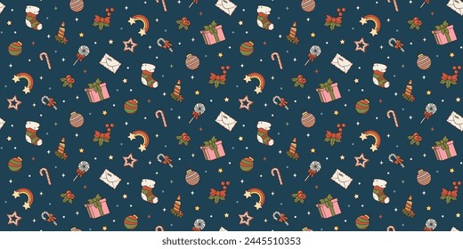 Nahtloses Muster mit fröhlichen Weihnachtsmusiken und Happy Neu Year-Symbolen. Groovy 60er 70er Jahre Stil Illustration. Vektorgrafik Retro Festliche Musik Saison Hintergrund