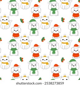 Seamless pattern Merry christmas and happy new year of cute cat and dog with decorative scarf, ribbon, hat. Design suitable for banner, invitation, card, banner, cover.