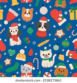 Seamless pattern Merry christmas and happy new year of cute cat and dog with decorative scarf, ribbon, hat. Design suitable for banner, invitation, card, banner, cover.